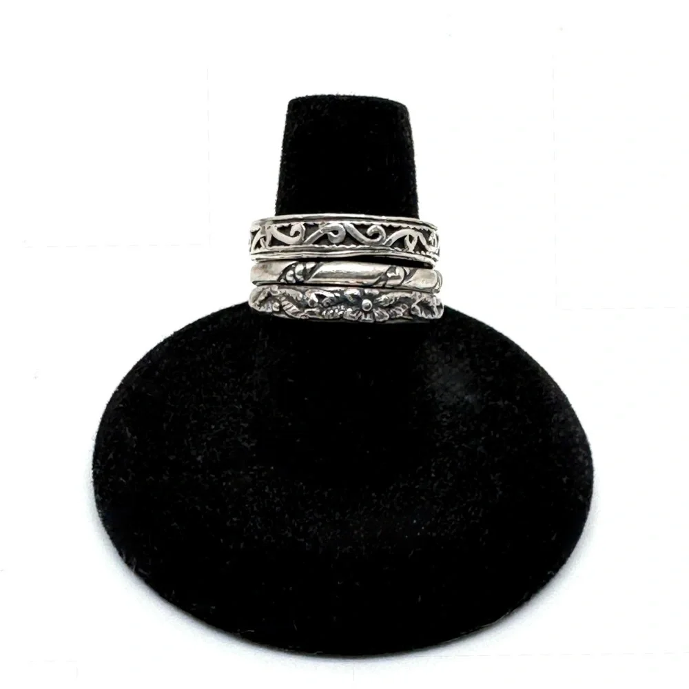 Sterling Silver Stacking Rings Dainty Bands Filigree Floral Size 7 1/2 to 7 3/4
